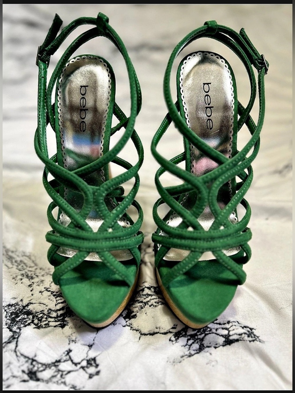 Bebe | Strappy Platform Stiletto Heels | Emerald Green 🌿 | US 8M